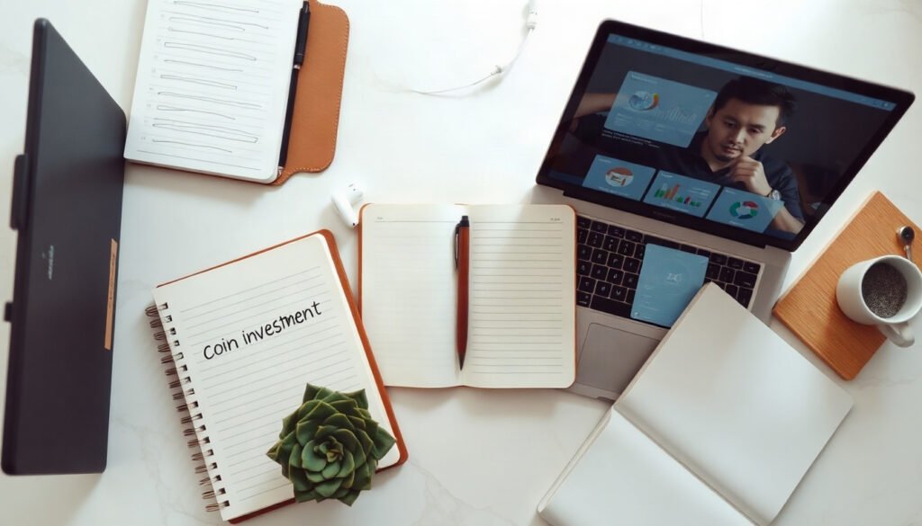 코인 투자 - Korean office worker upper body shot with face visible, checking coin investment app on smartphone at desk, natural hands, calm modern office