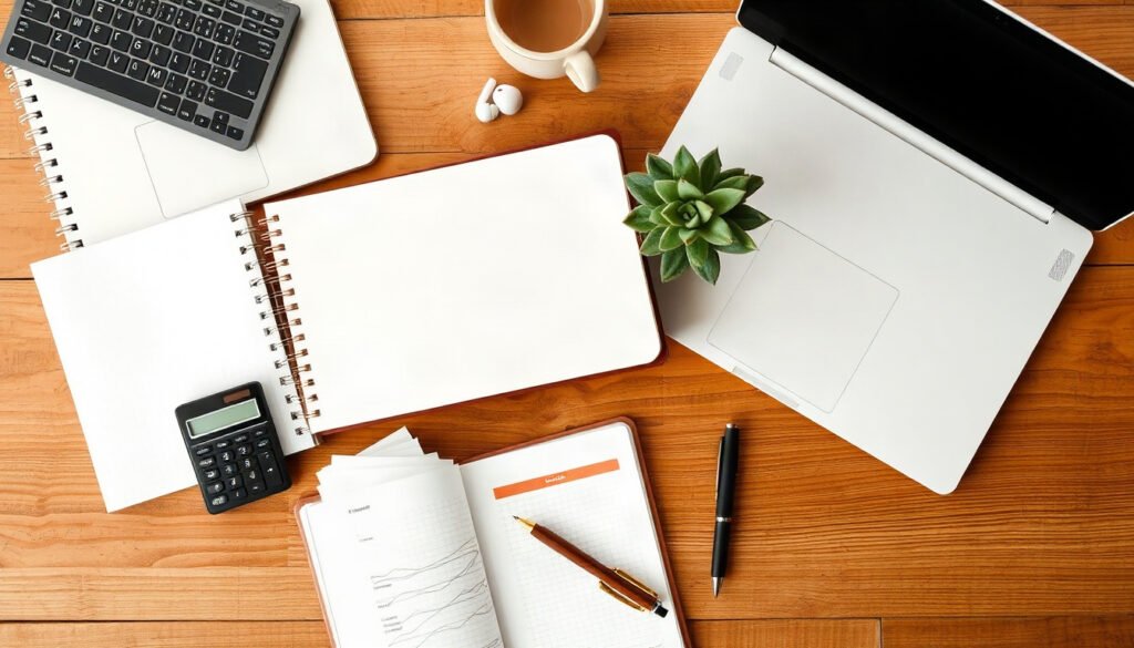 기업 상생재원 - flat lay of business documents, calculator and small green plant on wooden desk, corporate win-win fund impact investment concept