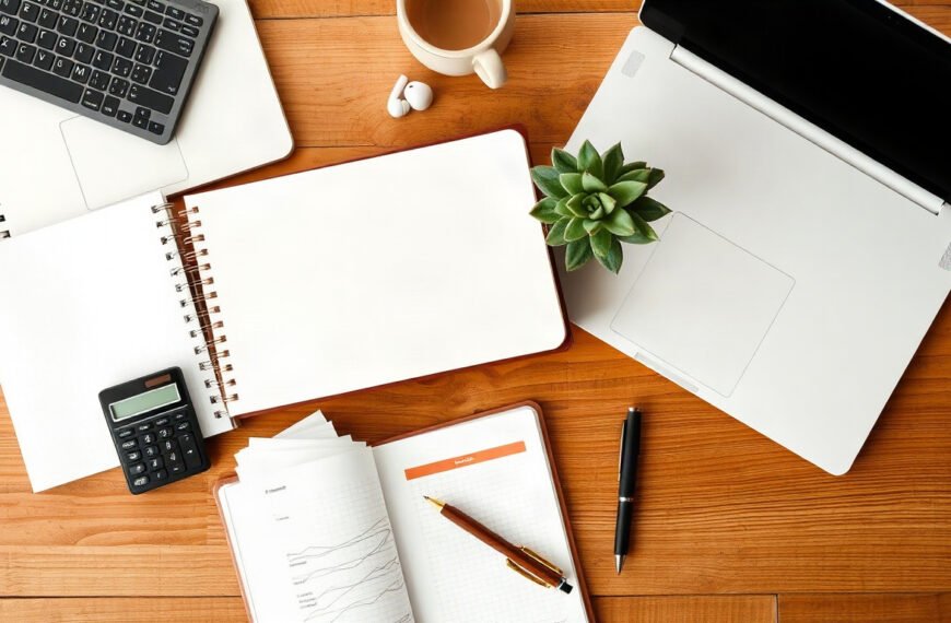기업 상생재원 - flat lay of business documents, calculator and small green plant on wooden desk, corporate win-win fund impact investment concept
