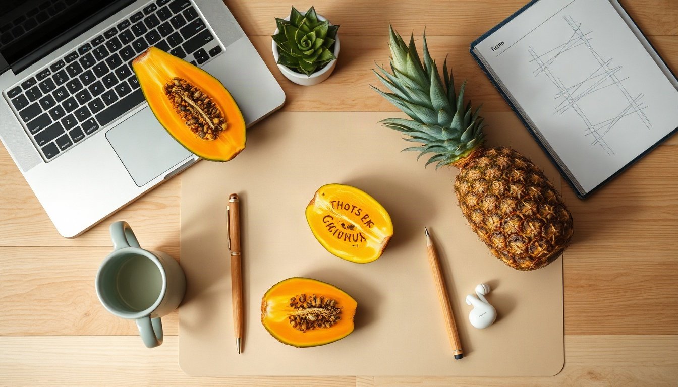 경기도산 파파야는 - flat lay of fresh papaya, jackfruit and pineapple on wooden table, Gyeonggi-do grown tropical fruit papaya concept, product shot