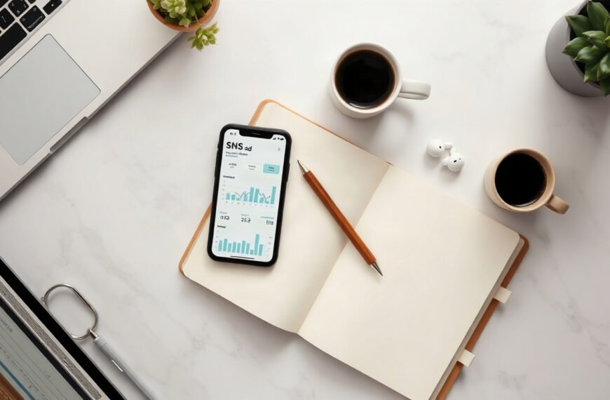 SNS 광고 - flat lay of smartphone showing SNS ad dashboard with graphs, notebook and coffee on white desk, SNS advertising strategy concept