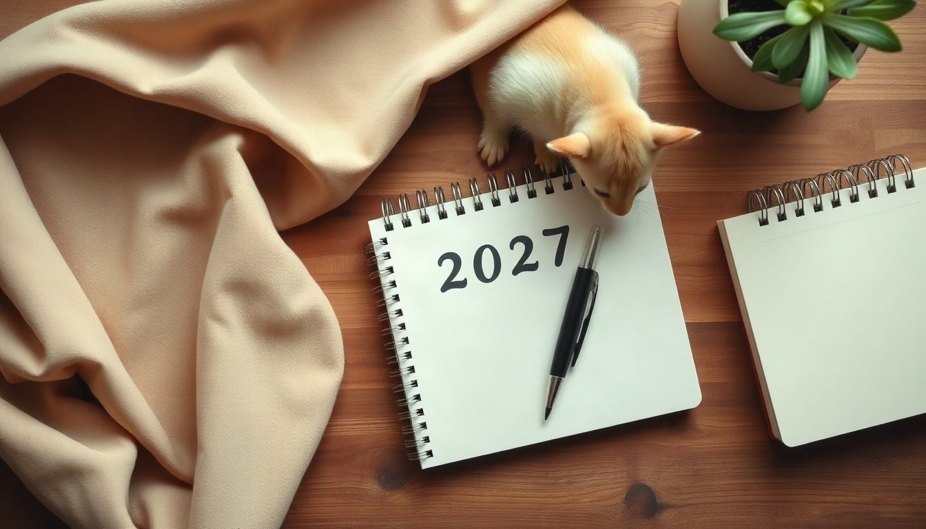 미래기금 청년계정에 - overhead view of 2027 calendar, notebook checklist and pen on wooden desk, future fund youth account application planning concept