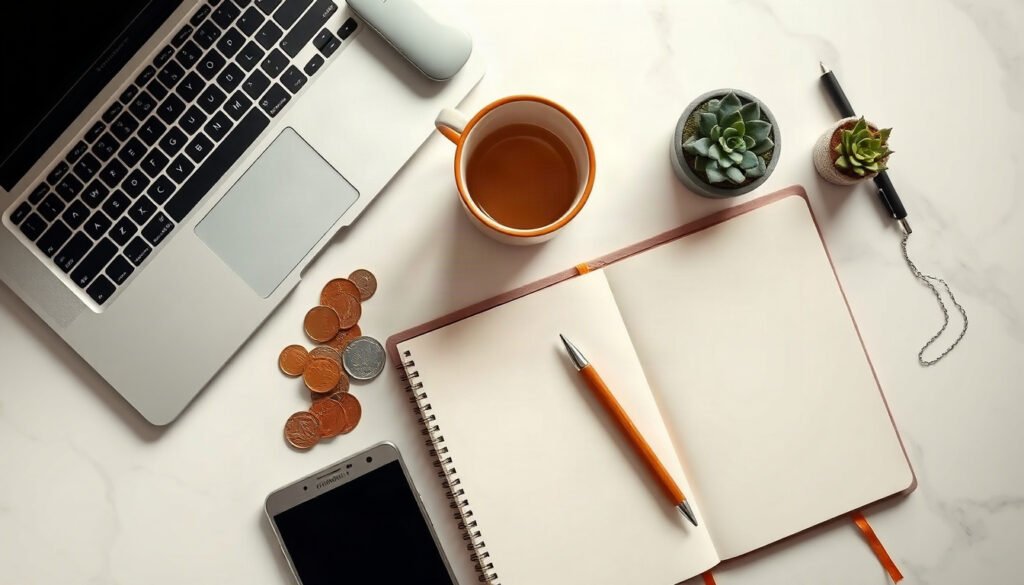 삼성 금융 - Samsung finance microfinance concept, overhead view of coins, small notebook and calculator on white desk, Korean microcredit support