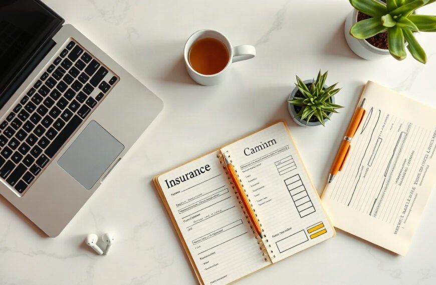 산재보험 - industrial accident insurance concept, flat lay of insurance claim form, hard hat and stethoscope on white desk, overhead view