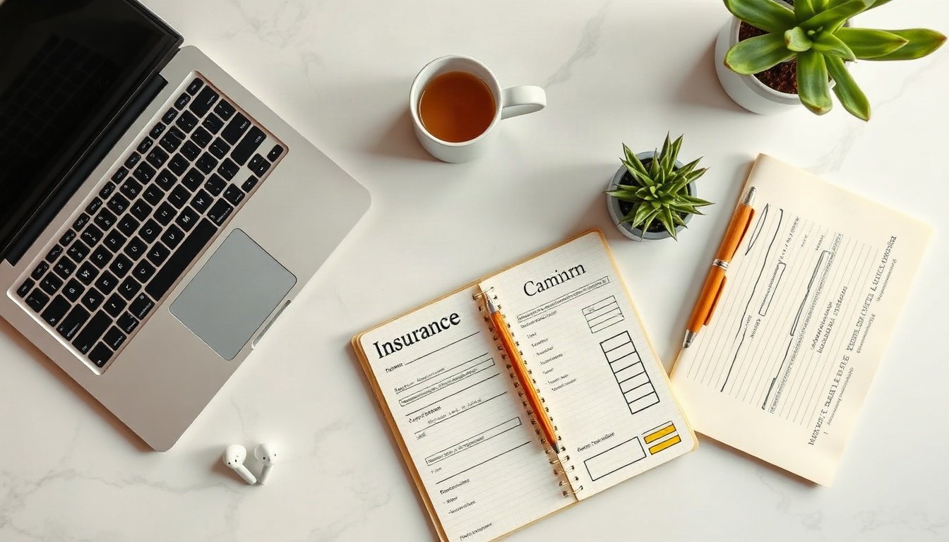 산재보험 - industrial accident insurance concept, flat lay of insurance claim form, hard hat and stethoscope on white desk, overhead view