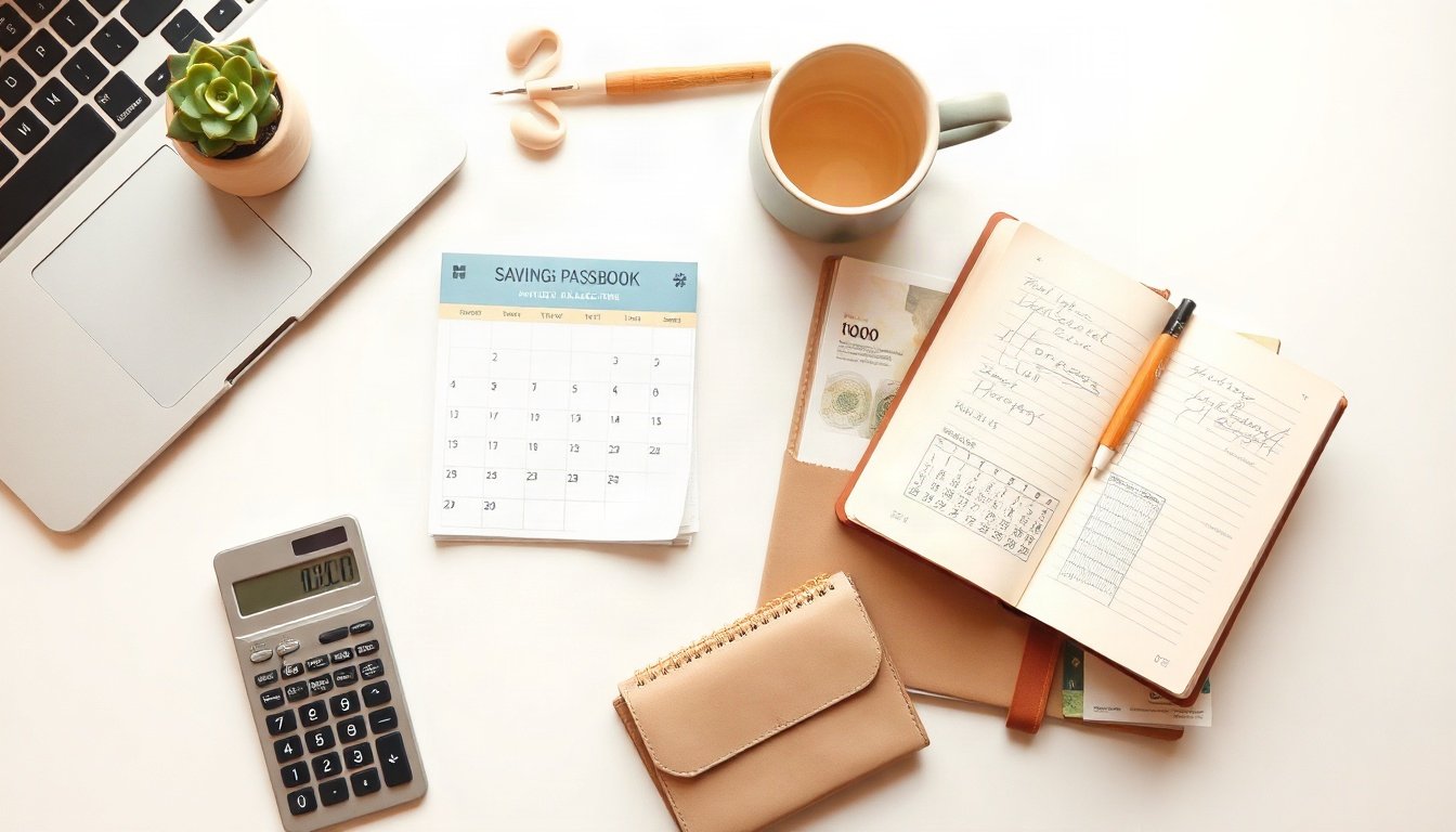 만원 넣으면 - flat lay of savings passbook, calendar and calculator on white desk, 10000 won savings account maturity checklist concept, overhead view