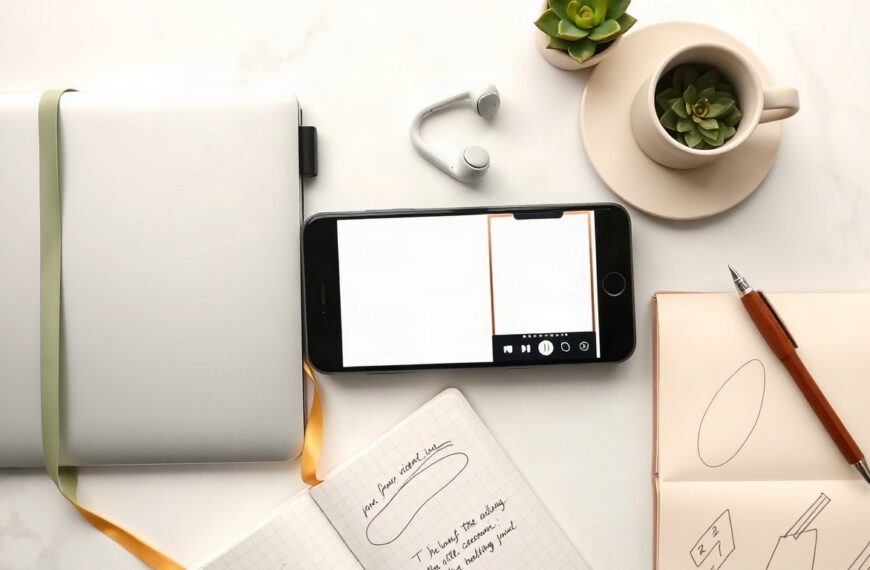 틱톡 알고리즘 - flat lay of smartphone showing short vertical video feed on white desk with notebook, TikTok algorithm recommendation concept
