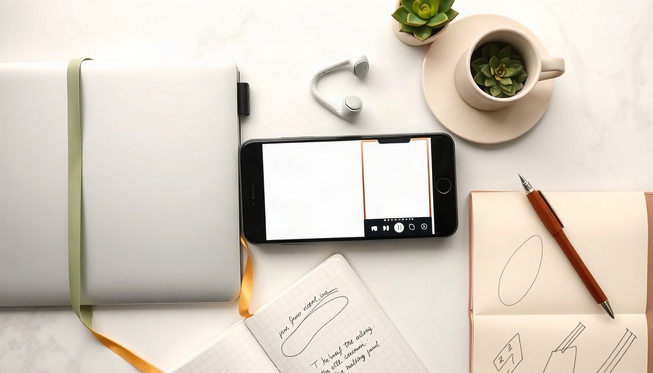 틱톡 알고리즘 - flat lay of smartphone showing short vertical video feed on white desk with notebook, TikTok algorithm recommendation concept