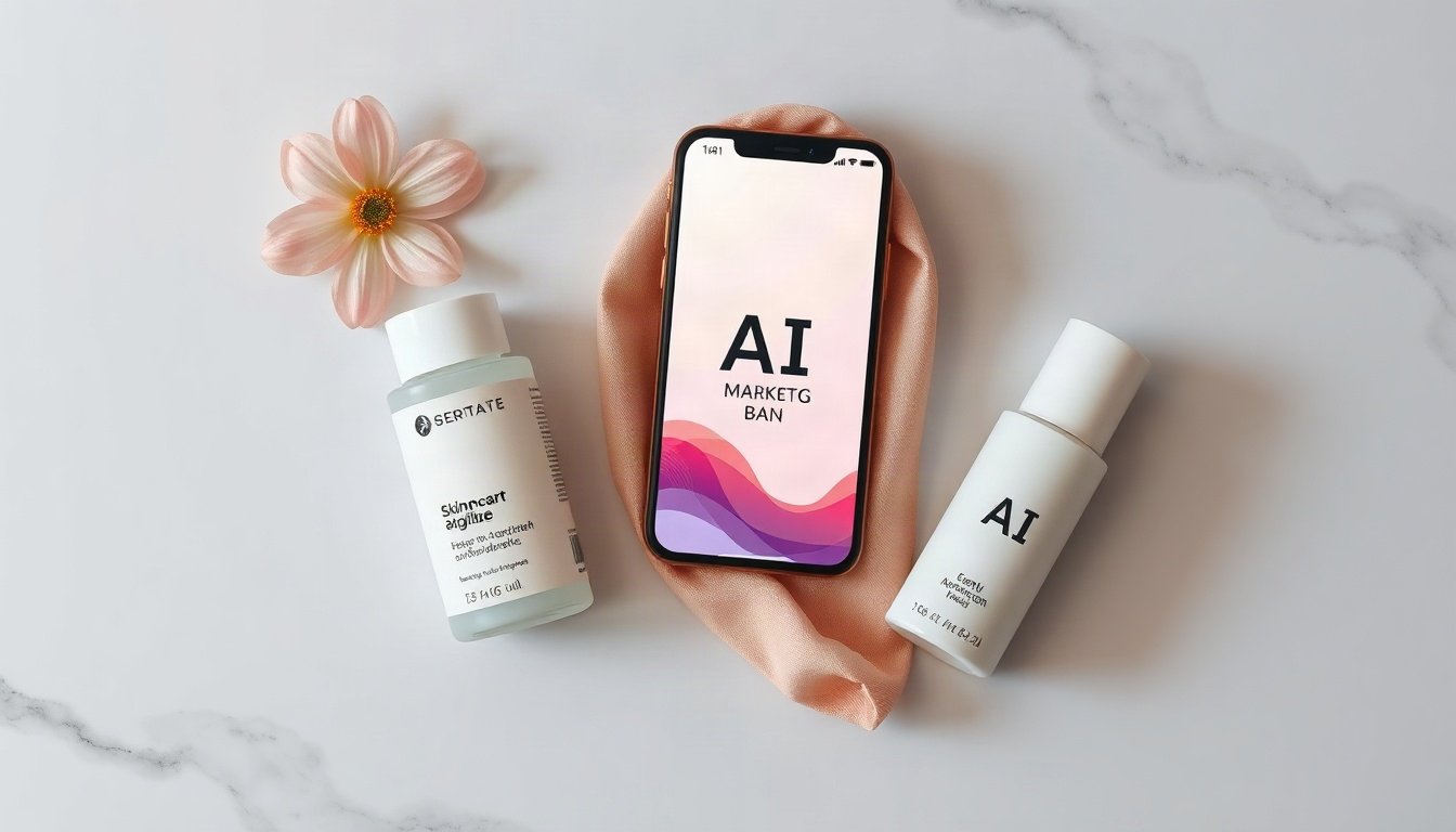 국립순천대 앵커사업단 - flat lay overhead view of skincare products, smartphone showing AI marketing banner design, beauty salon AI marketing concept for Suncheon anchor project
