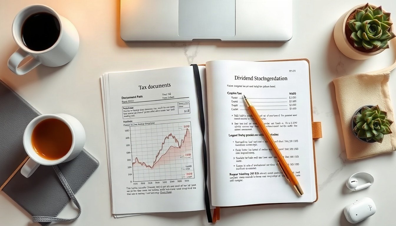배당주 추천 - overhead view of tax documents, dividend stock recommendation report and pen on wooden desk, financial planning concept