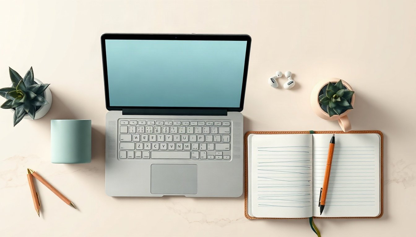 프롬프트 엔지니어링 - flat lay of laptop screen showing AI chat interface, notebook with prompt engineering templates and coffee cup on white desk, overhead view