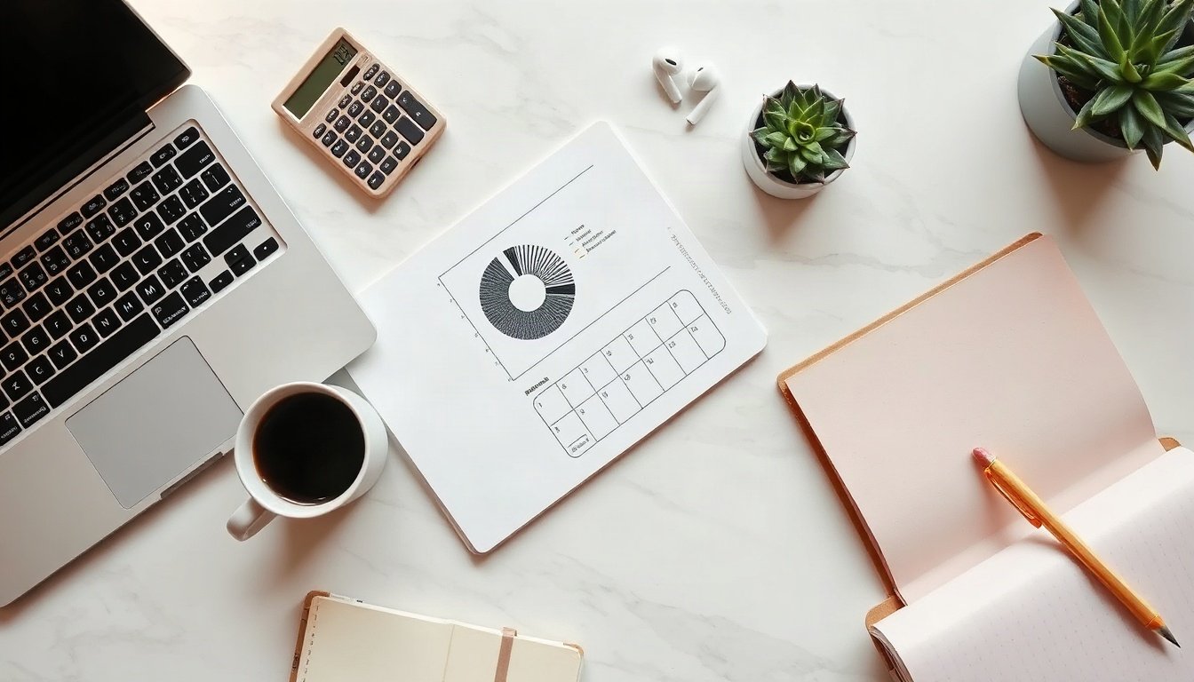 주식 초보 - flat lay of notebook with stock beginner portfolio pie chart, calculator and coffee on white desk, overhead view