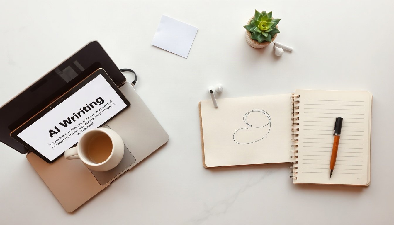 AI 글쓰기 - flat lay of laptop showing AI writing prompt, notebook with outline sketch and coffee cup on white desk, AI writing workflow concept