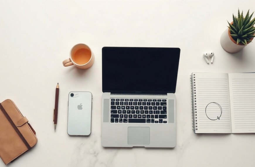 코파일럿 - flat lay of laptop showing Copilot AI assistant interface on white desk with notebook and coffee, overhead view