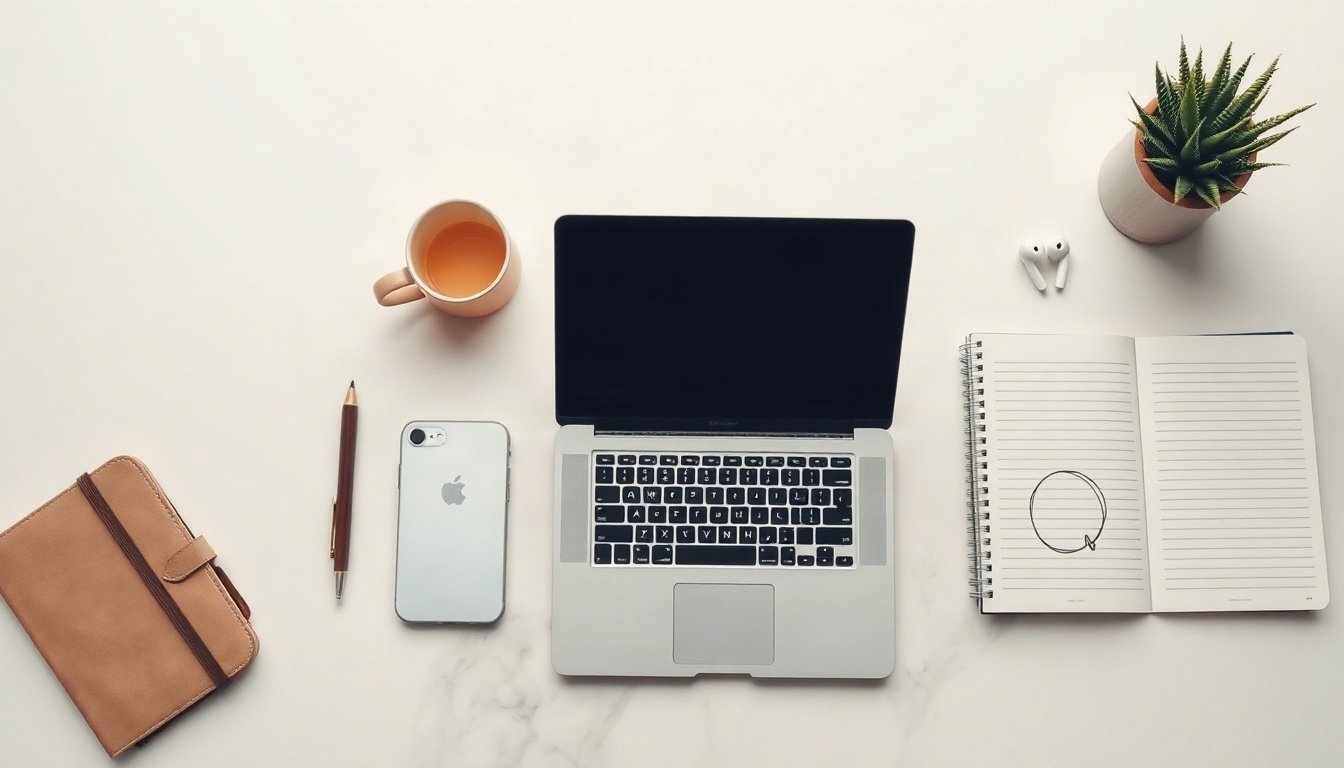 코파일럿 - flat lay of laptop showing Copilot AI assistant interface on white desk with notebook and coffee, overhead view