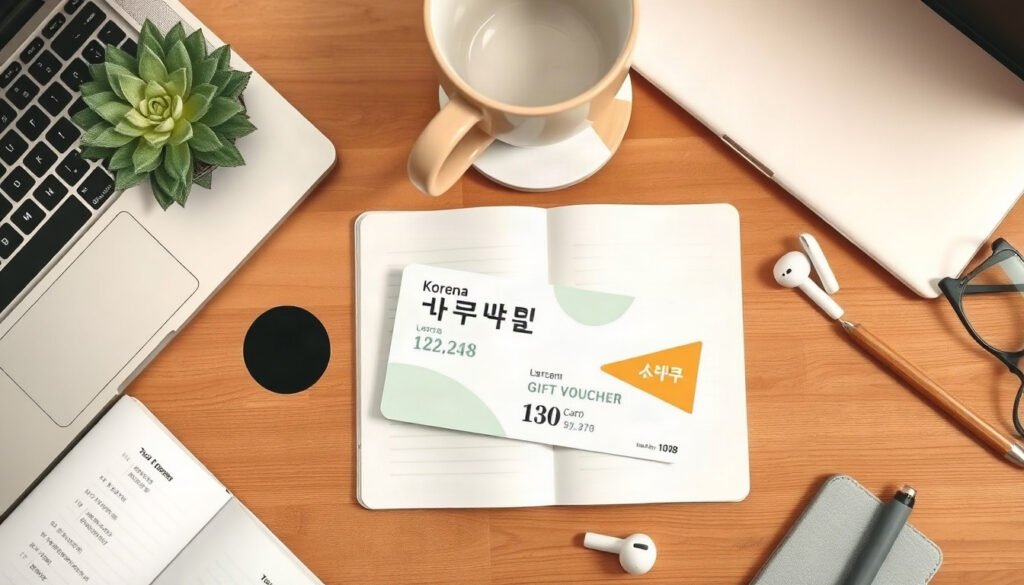 김해시민 민생회복지원금 - flat lay of Korean local gift voucher card and smartphone on wooden table, Gimhae citizen livelihood recovery support fund concept