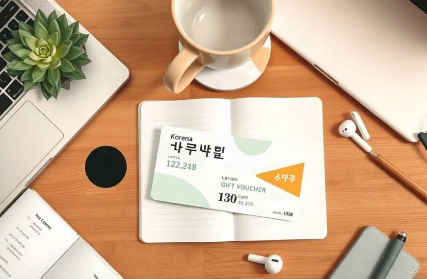 김해시민 민생회복지원금 - flat lay of Korean local gift voucher card and smartphone on wooden table, Gimhae citizen livelihood recovery support fund concept