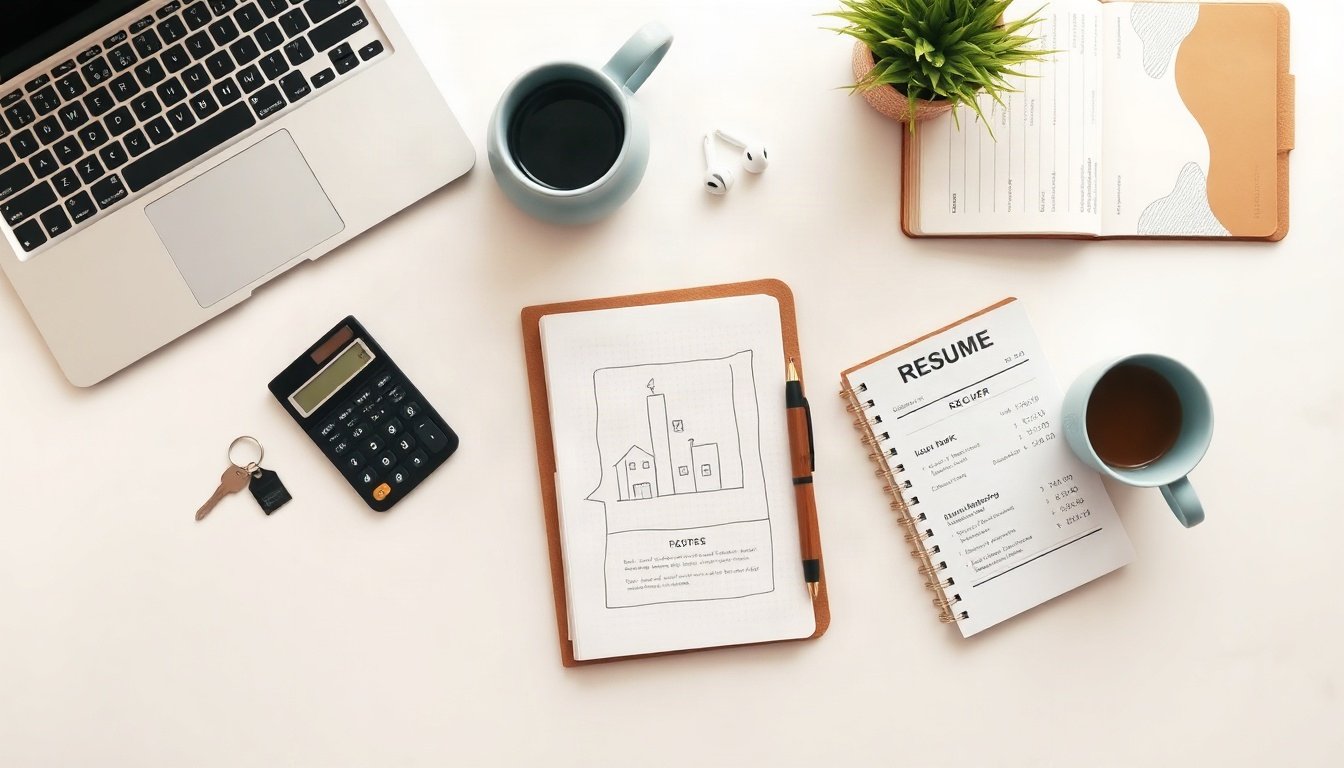 청년 지원금 - flat lay of piggy bank, house key, calculator and resume on white desk, youth support fund savings rent and job concept, overhead view