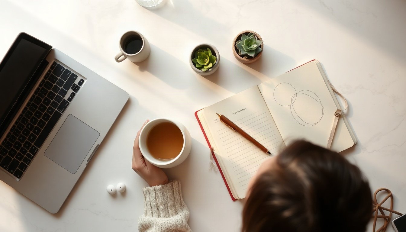 롱테일 키워드 - Korean woman upper body shot with face visible, analyzing long tail keyword search intent on laptop in bright home office, natural hands