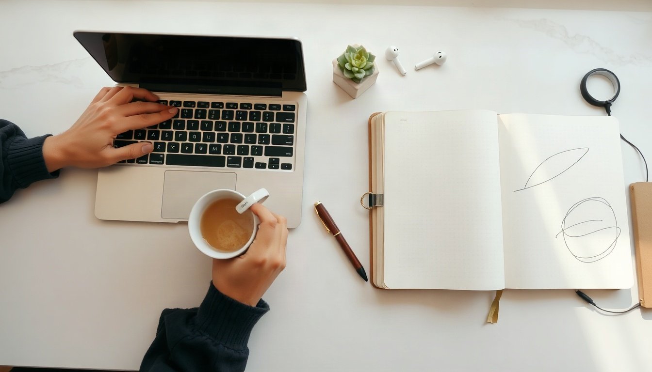 블로그 수익화 - Korean man upper body shot with face visible, working on blog monetization strategy at home office desk with laptop, natural hands