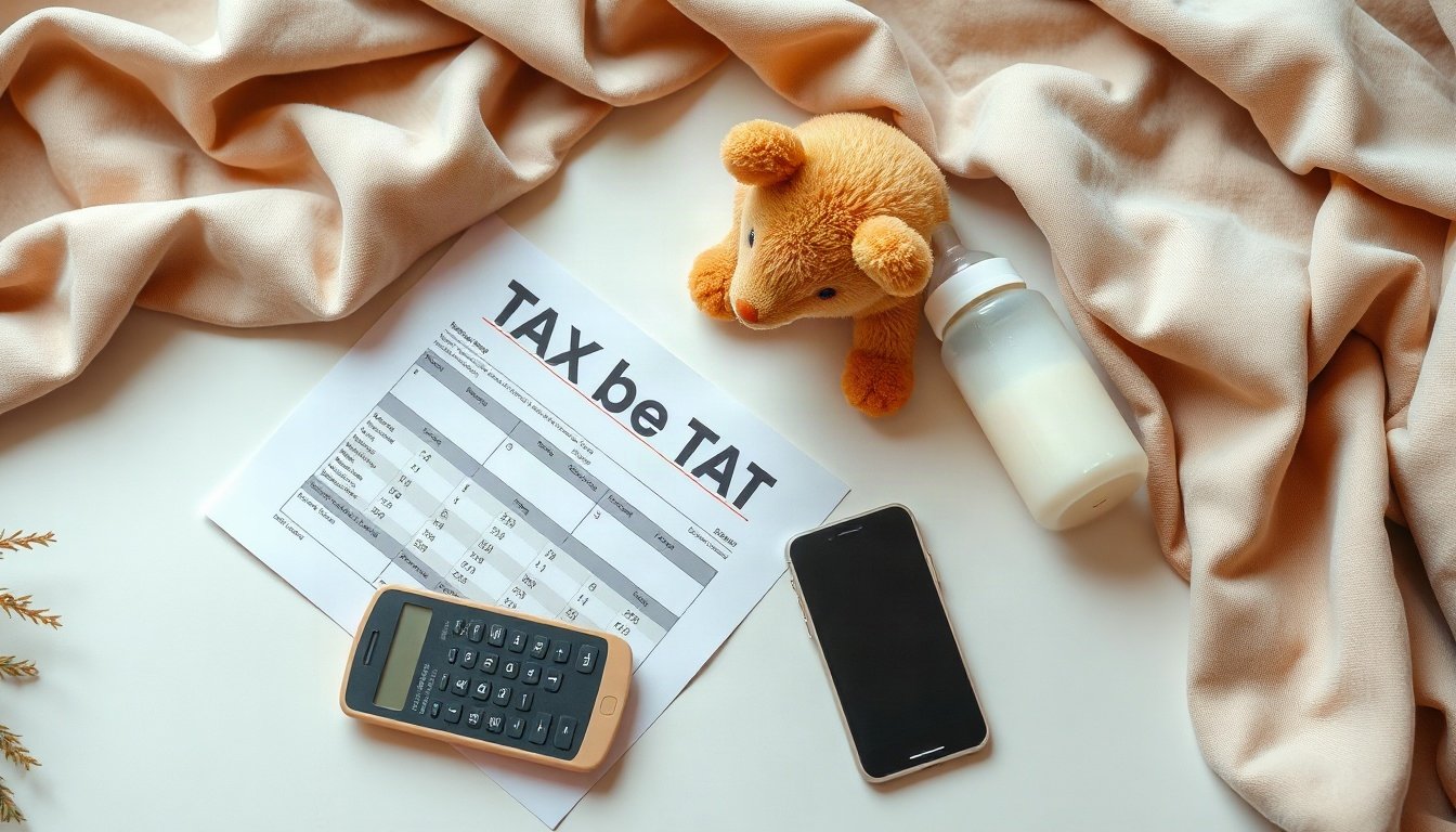 프리랜서 예술인도 - flat lay of tax documents, calculator, baby bottle and smartphone on white desk, freelancer artist parental allowance application preparation concept