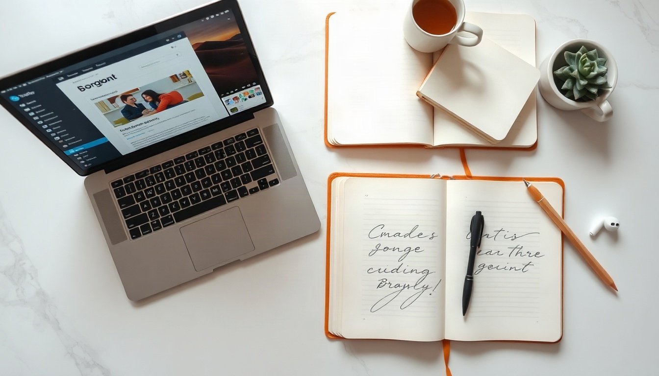 제미나이 AI - flat lay of laptop showing email and document workspace with Gemini AI sidebar, coffee cup and notebook on white desk, overhead view