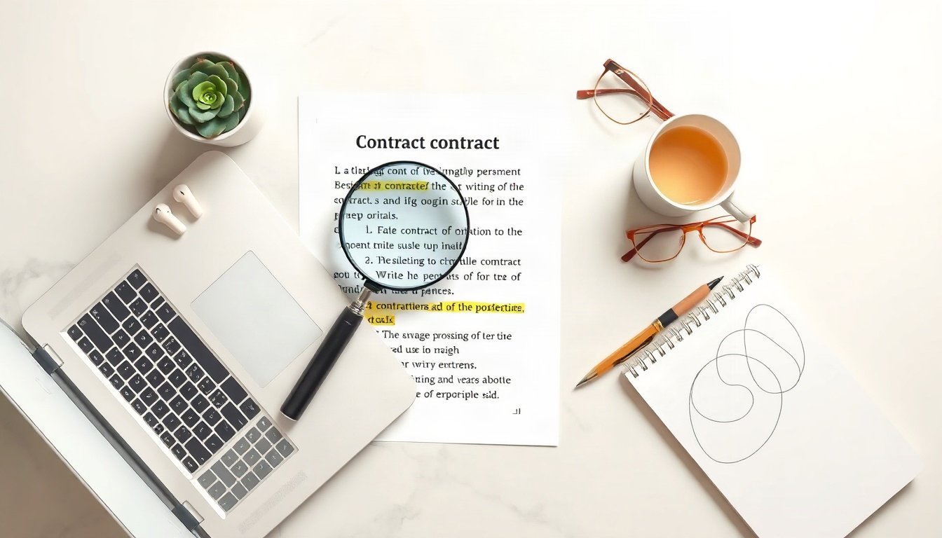 서면 맞는지 - flat lay of printed contract document, magnifying glass and laptop showing AI chat on wooden desk, overhead view, verify AI legal document concept