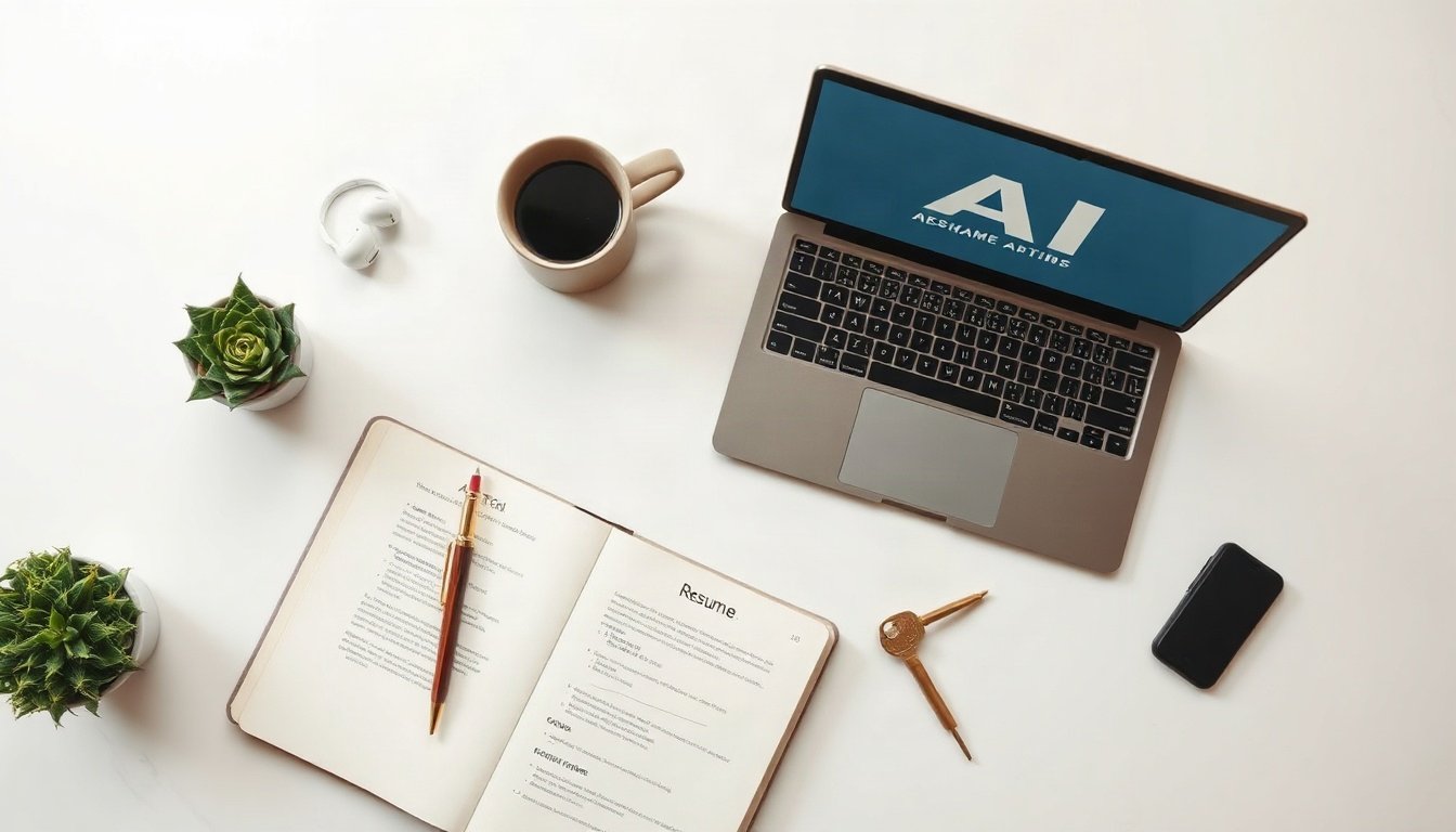 민선 군포 - flat lay of laptop showing AI tool, resume papers and house keys on white desk, Gunpo youth policy job and housing support concept