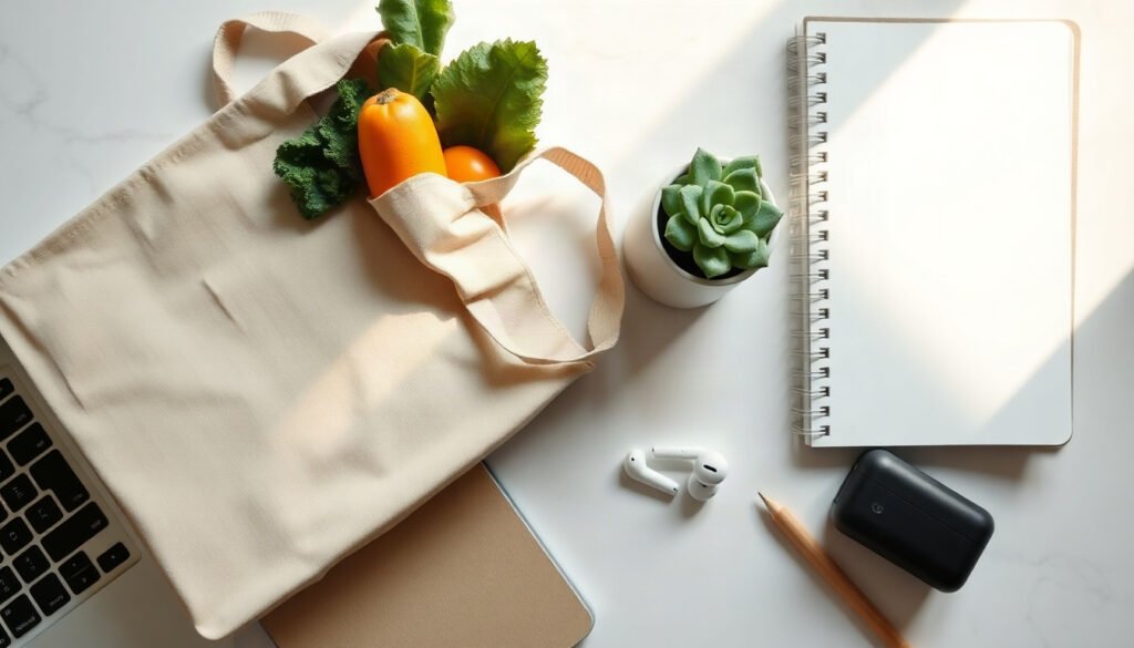 할인받고 돌려받고 - flat lay of Korean traditional market shopping bag with fresh vegetables and smartphone showing mobile payment app, discount and cashback concept, overhead view