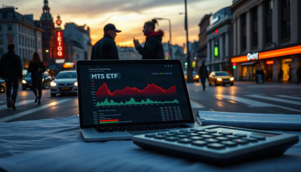 ETF 투자 - flat lay of laptop showing ETF investment chart, calculator and notebook on white desk, ETF investing comparison concept
