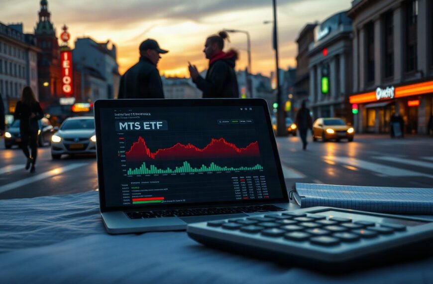 ETF 투자 - flat lay of laptop showing ETF investment chart, calculator and notebook on white desk, ETF investing comparison concept