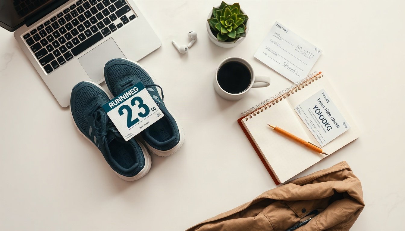 달리는 발걸음마다 - flat lay of running shoes, race bib number, rain jacket and donation envelope on wooden floor, 달리는 발걸음마다 charity marathon preparation overhead view
