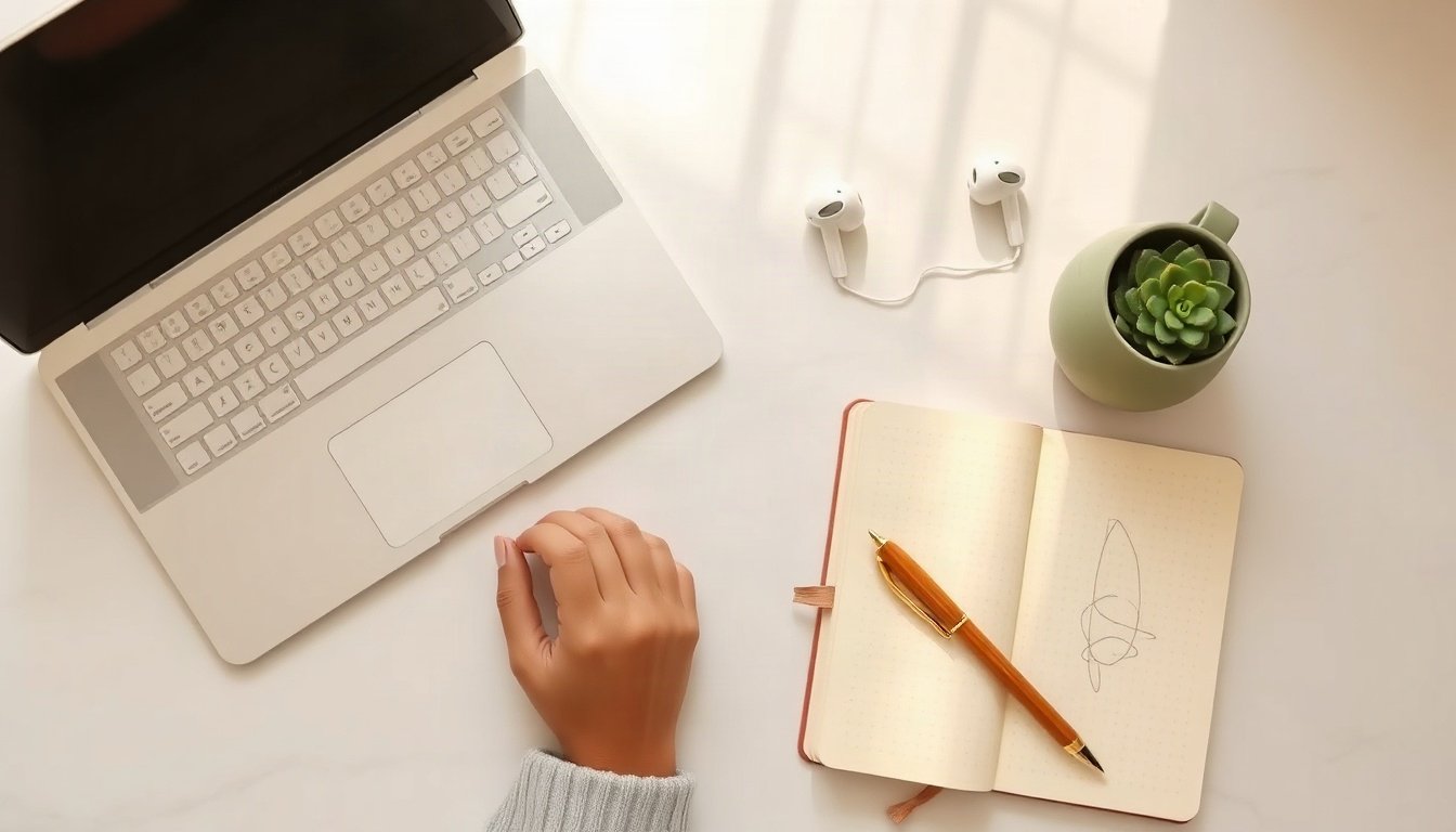 한양사이버대 커리어개발센터 - Korean adult student upper body shot with face visible, studying online on laptop at home desk at night, career development center concept, natural hands