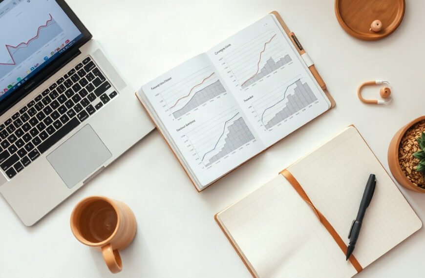 블로그 광고 수익 - flat lay of laptop showing blog ad revenue analytics dashboard with charts, notebook and coffee on white desk, overhead view