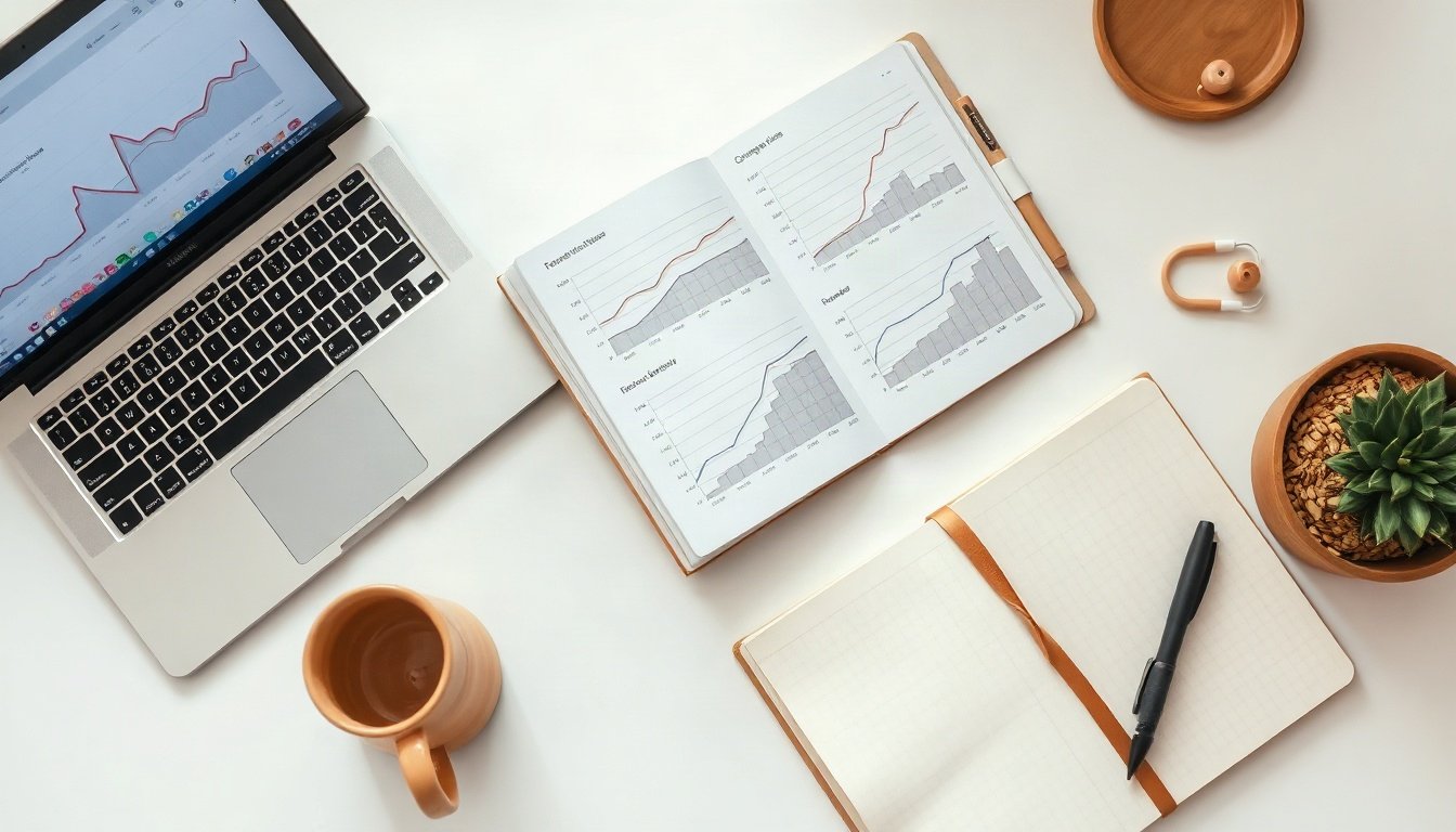 블로그 광고 수익 - flat lay of laptop showing blog ad revenue analytics dashboard with charts, notebook and coffee on white desk, overhead view