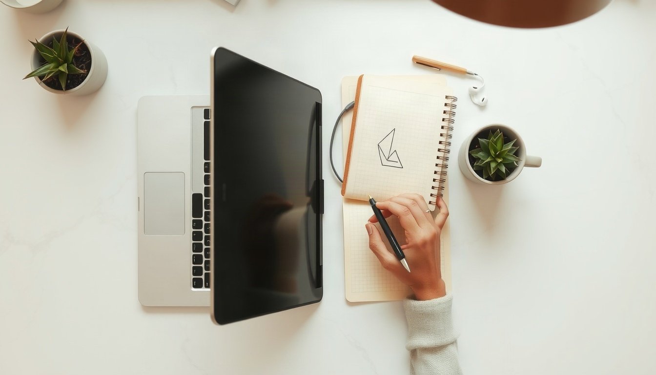 디지털노마드 - Korean man upper body shot with face visible, working on laptop at bright coworking space with large windows, digital nomad remote work concept, natural hands
