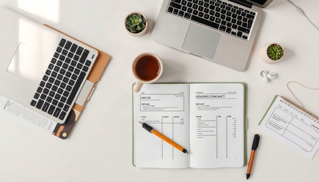 주거급여 - housing benefit concept, overhead view of house key, rental contract and calculator on wooden desk, Korean housing allowance