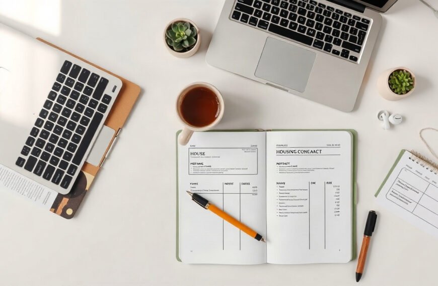 주거급여 - housing benefit concept, overhead view of house key, rental contract and calculator on wooden desk, Korean housing allowance