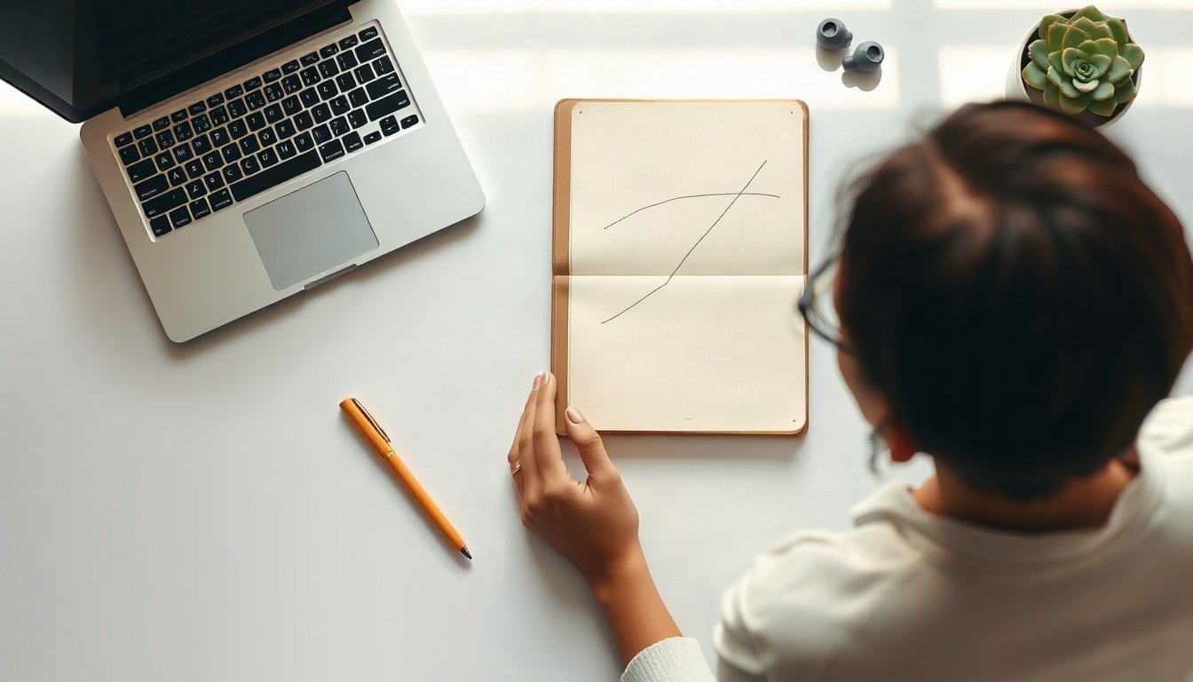 일을 대신하면 - Korean office worker upper body shot with face visible, learning AI skills on laptop at home desk, natural hands, concept of when AI does the work