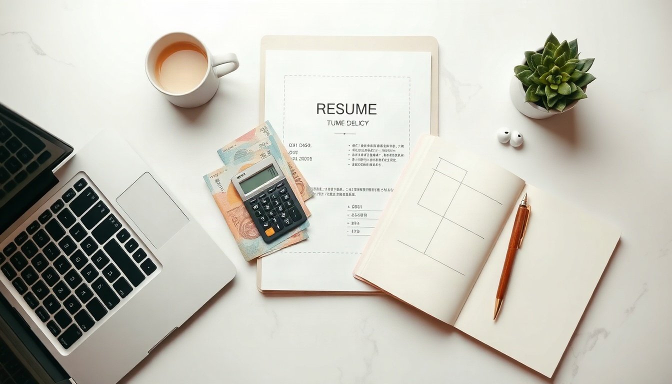 국민취업지원제도 - flat lay of resume, calculator and Korean won banknotes on white desk, national employment support allowance concept, overhead view