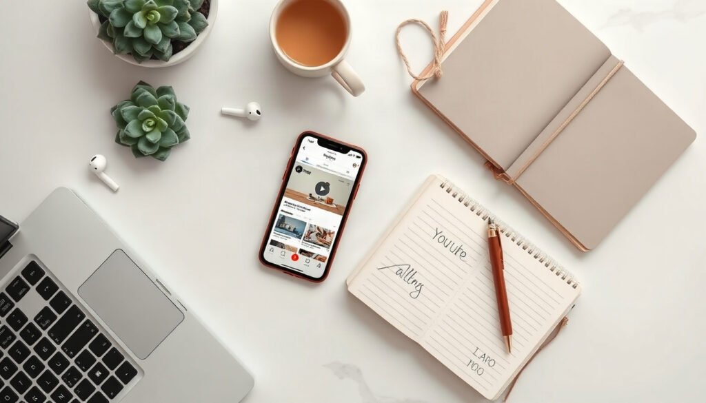 유튜브 알고리즘 - flat lay of smartphone showing video app home feed and notebook with YouTube algorithm traffic source diagram on white desk, overhead view
