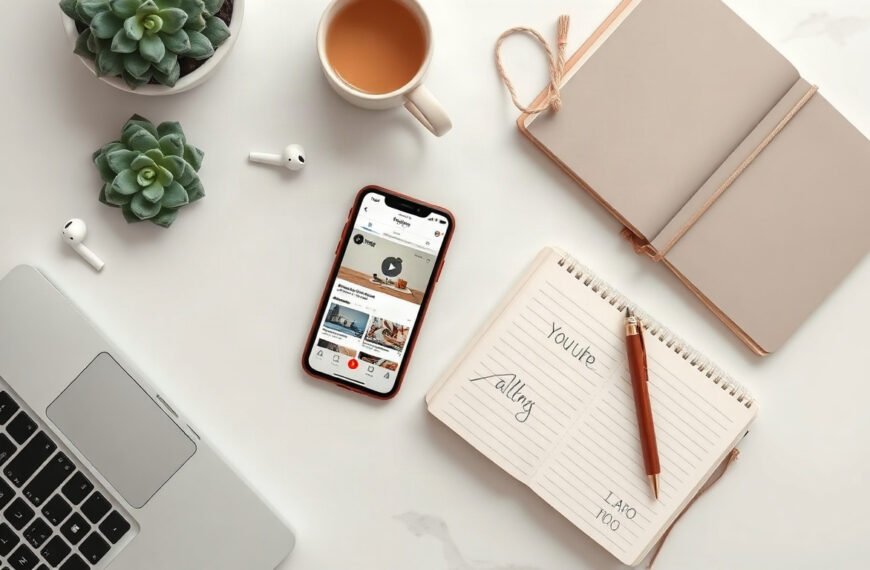 유튜브 알고리즘 - flat lay of smartphone showing video app home feed and notebook with YouTube algorithm traffic source diagram on white desk, overhead view