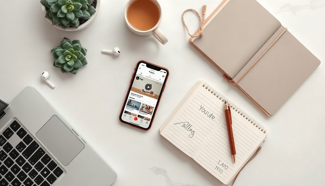유튜브 알고리즘 - flat lay of smartphone showing video app home feed and notebook with YouTube algorithm traffic source diagram on white desk, overhead view