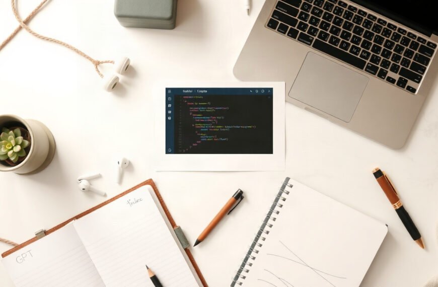 GPT API - flat lay of laptop showing GPT API developer dashboard with code editor and notebook on white desk, overhead view