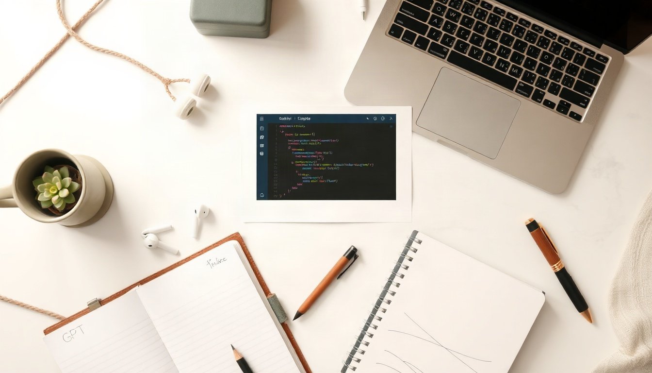 GPT API - flat lay of laptop showing GPT API developer dashboard with code editor and notebook on white desk, overhead view