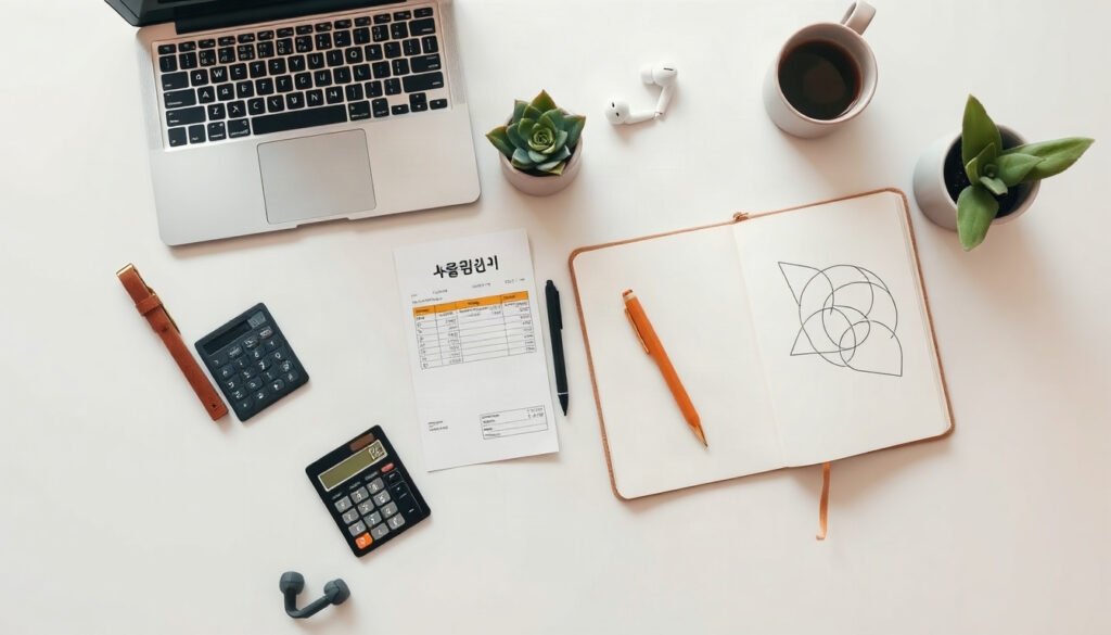 4대보험 - flat lay of Korean salary statement, calculator and pen on white desk, four major social insurance 4dae boheom 2026 rate concept