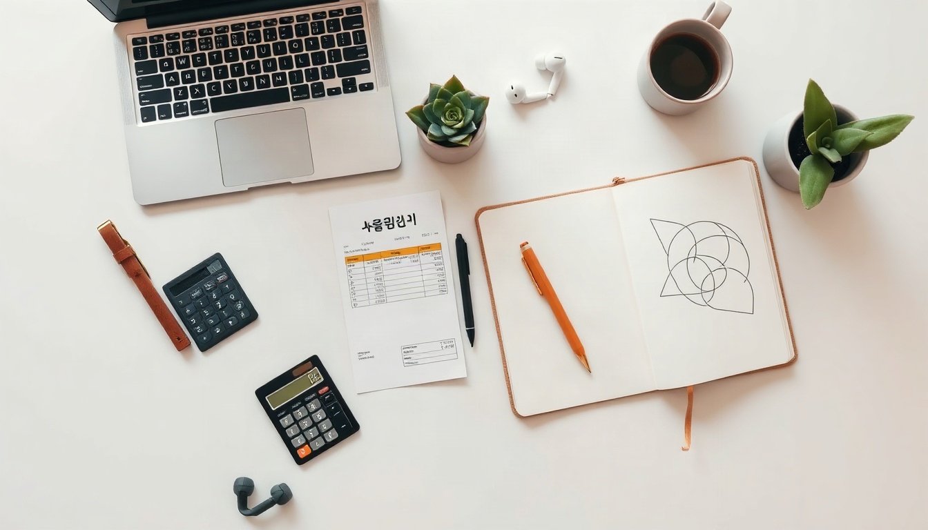 4대보험 - flat lay of Korean salary statement, calculator and pen on white desk, four major social insurance 4dae boheom 2026 rate concept