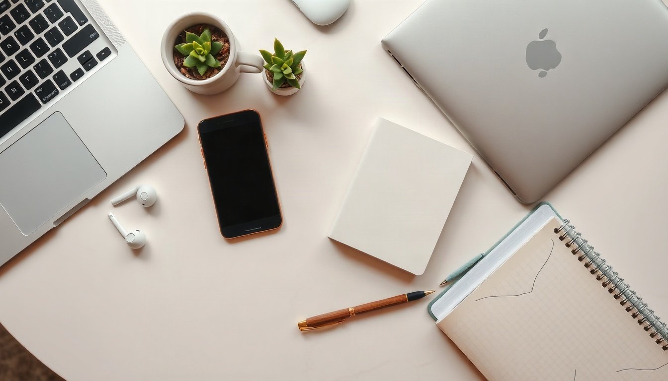 페이스북 광고 - flat lay of smartphone showing facebook ads campaign setup screen, notebook with budget plan and coffee on white desk, overhead view