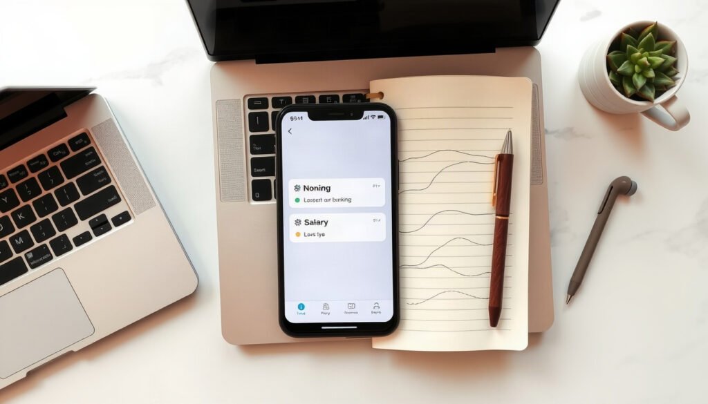은행가 농협은행 - flat lay of smartphone showing mobile banking app, salary account concept, Nonghyup bank event, coins and calendar on white desk