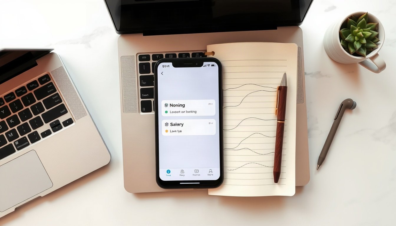은행가 농협은행 - flat lay of smartphone showing mobile banking app, salary account concept, Nonghyup bank event, coins and calendar on white desk